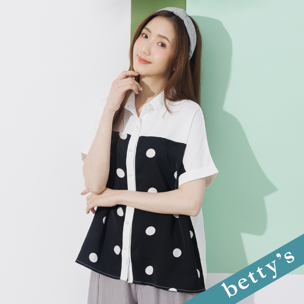 betty’s貝蒂思　點點拼接珍珠釦襯衫(黑色)