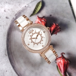 NATURALLY JOJO / 閃耀晶鑽 優雅迷人陶瓷不鏽鋼手錶-白x玫瑰金/37mm