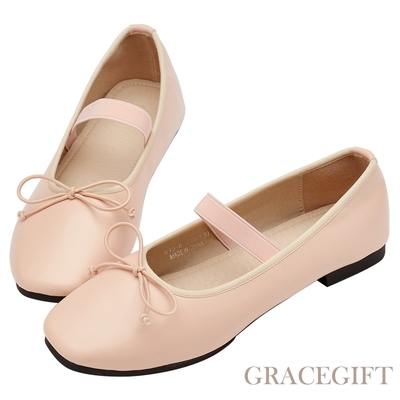 【Grace Gift】浪漫圓頭蝴蝶結平底芭蕾舞娃娃鞋 粉橘
