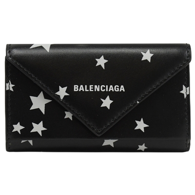 BALENCIAGA 巴黎世家 品牌LOGO星星印花牛皮釦式三折鑰匙包(黑)