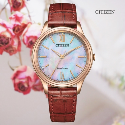 CITIZEN 星辰 LADYS 光動能 水晶鑽 白蝶貝藍寶石玻璃淑女腕錶-皮錶帶34mm(EM0419-11D 防水50米)