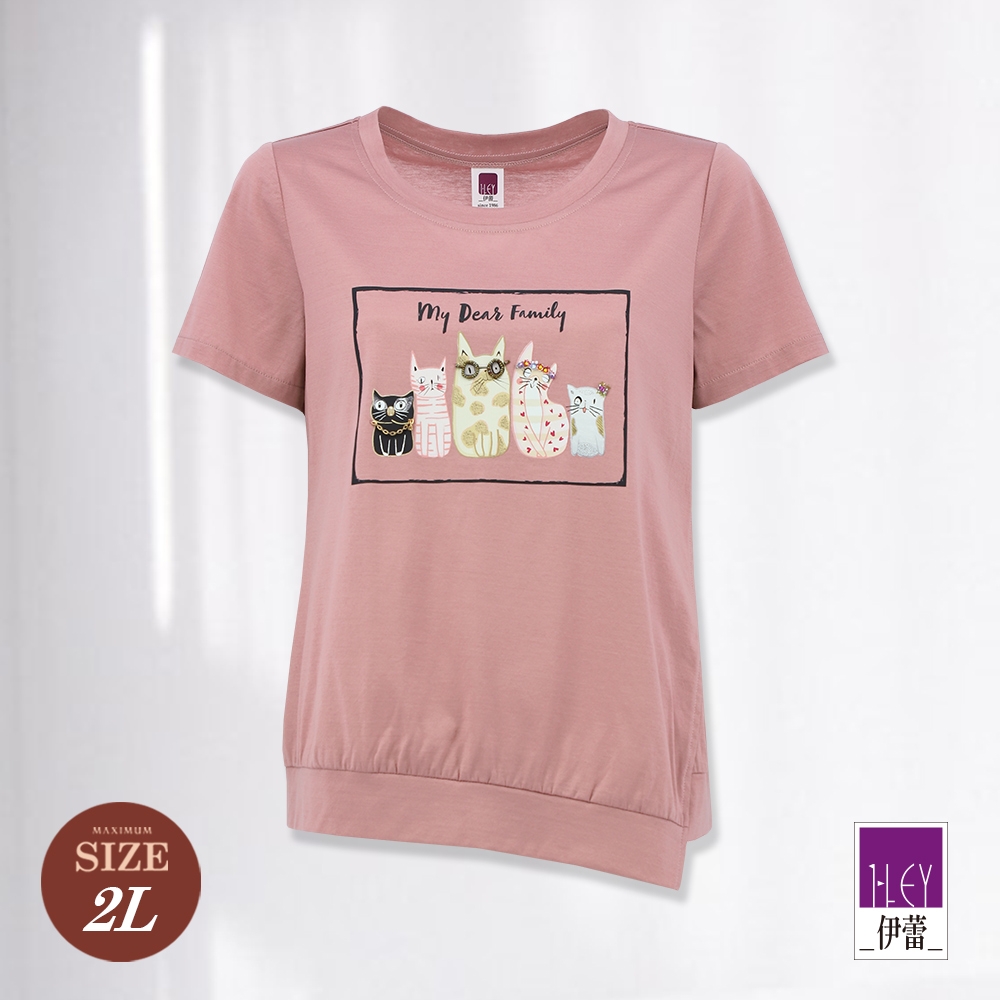 ILEY伊蕾 貓咪家族圖樣絲光棉上衣(粉色；M-2L)1232181211