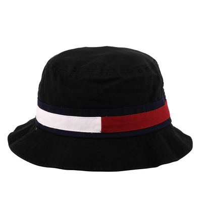 TOMMY HILFIGER- 紅白槓條棉質漁夫帽(素面黑)L~XL