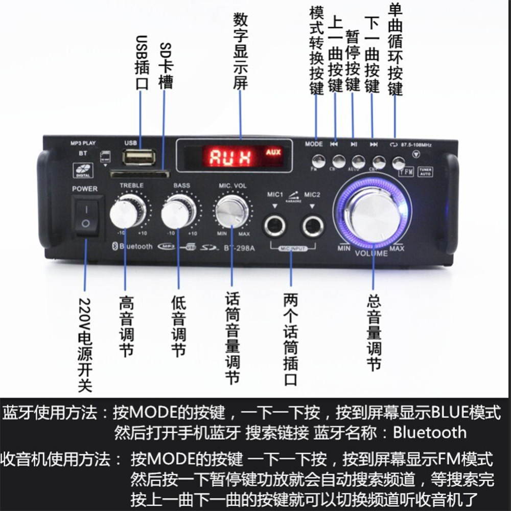 110V藍芽5.0音響 小型12V卡拉OK 擴大機 40W+40W功放機 喇叭 擴大器 可車用