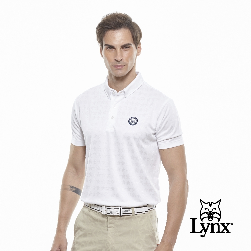 【Lynx Golf】男款吸濕排汗緹花亮光星星短袖POLO衫-白色