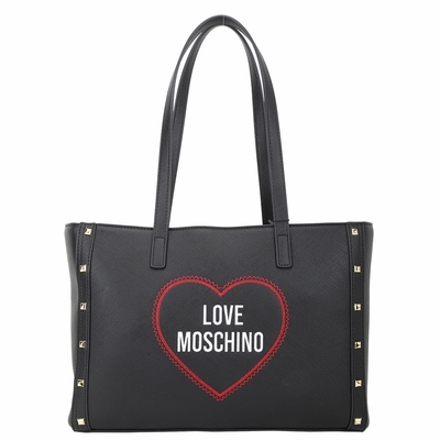 LOVE MOSCHINO 愛心字母刺繡鉚釘防刮肩背托特包(黑色)