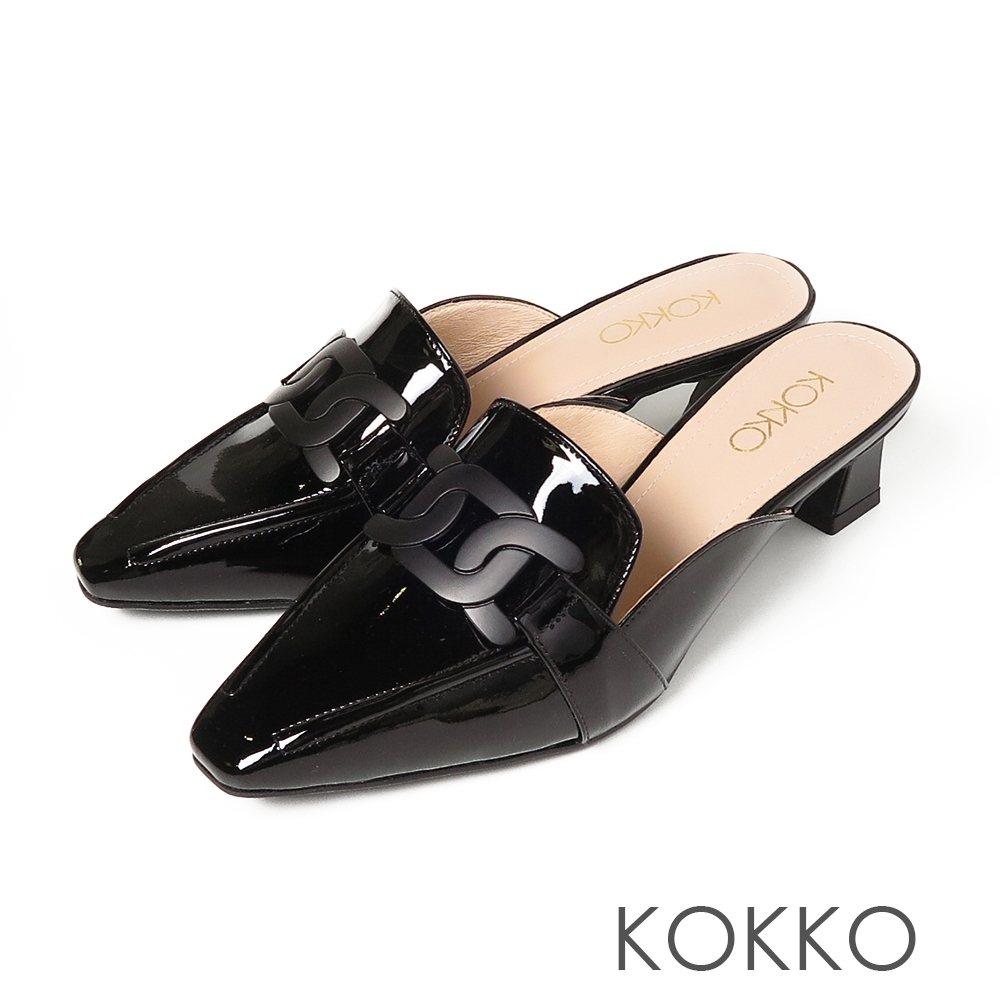KOKKO歐美風潮經典手工真皮方頭鎖鍊穆勒跟鞋亮黑色