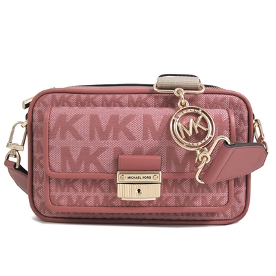 MICHAEL KORS Bradshaw金色滑扣緹花Logo大圓標寬帶相機斜背包(肉桂紅)