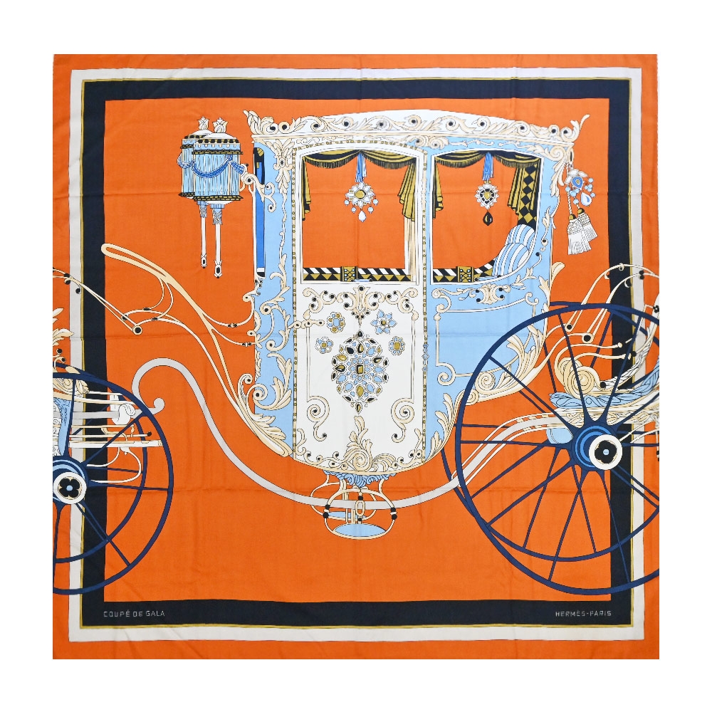 Hermes 愛馬仕Coupe de Gala 印花馬車140喀什米爾與真絲混紡披肩/方巾(南瓜橘/海軍藍/空藍)