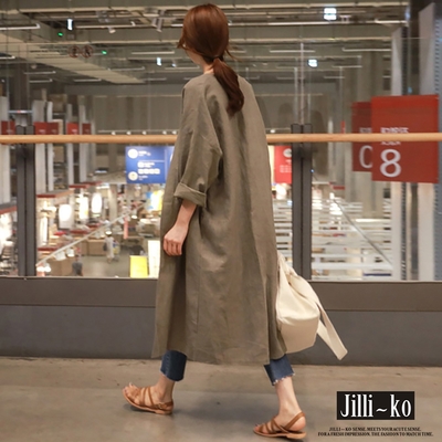 JILLI-KO 中長亞麻感防曬寬鬆薄款過膝開衫風衣- 卡其