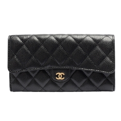 CHANEL 經典金色雙C LOGO菱格粒紋牛皮暗釦長夾(黑色)