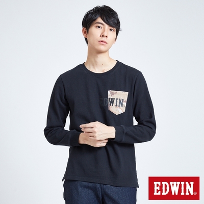 EDWIN 人氣復刻 迷彩口袋LOGO長袖T恤-男-黑色