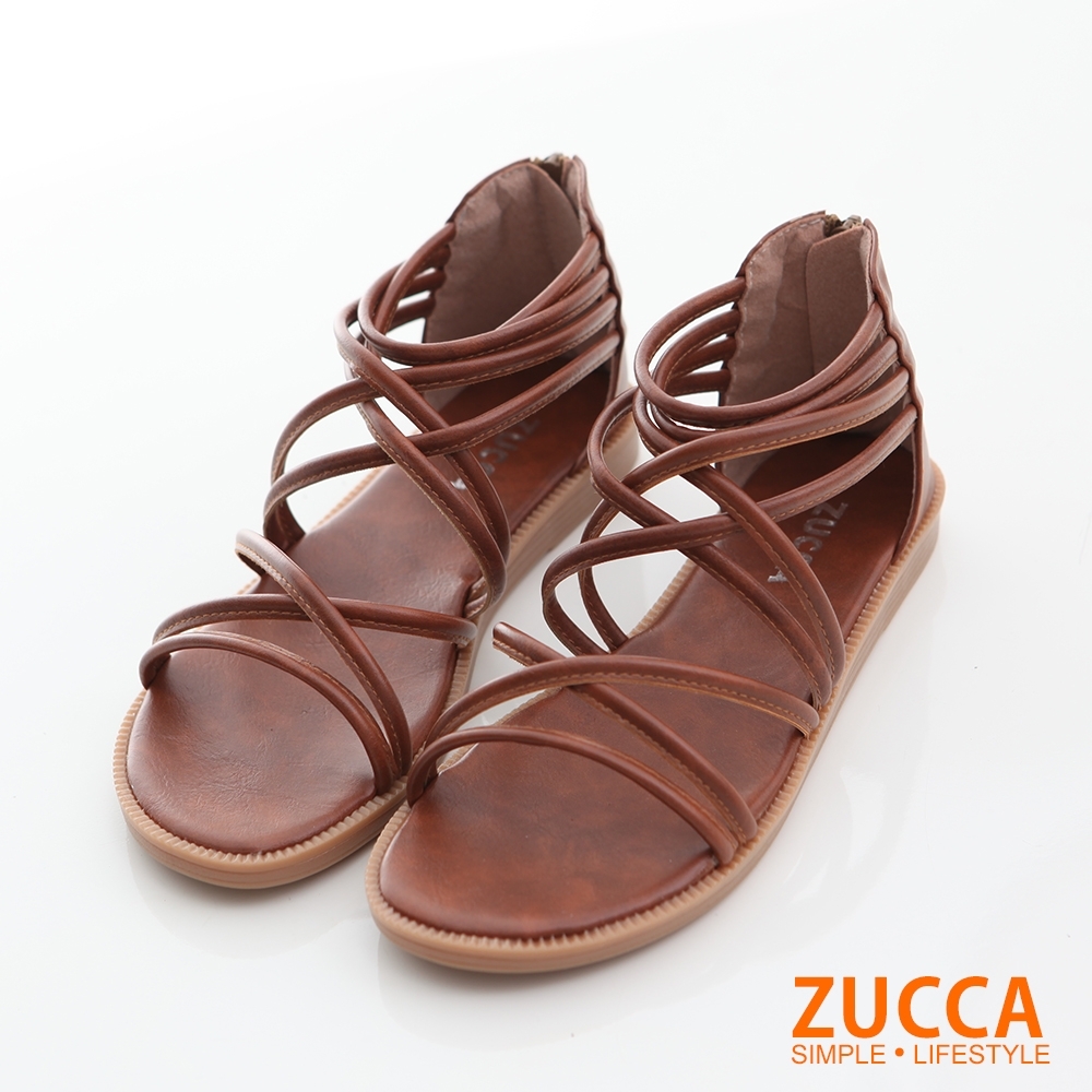 ZUCCA-繞繩環狀交叉平底涼鞋-棕-z6614ce