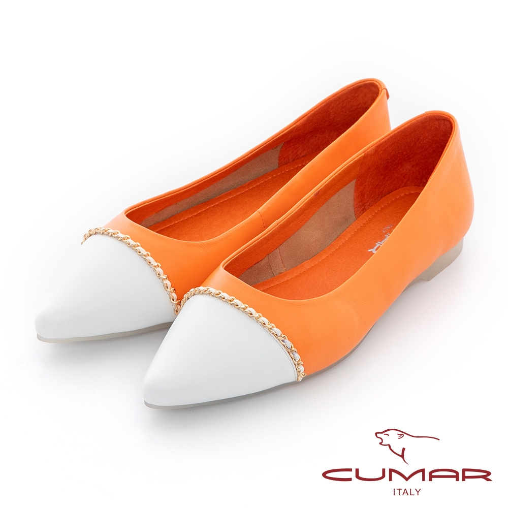 【CUMAR】拚色尖頭鏈條裝飾平底鞋-桔色