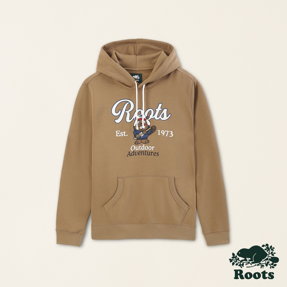Roots 男裝- 戶外探險家系列 卡通海狸有機棉刷毛布連帽上衣-焦糖棕