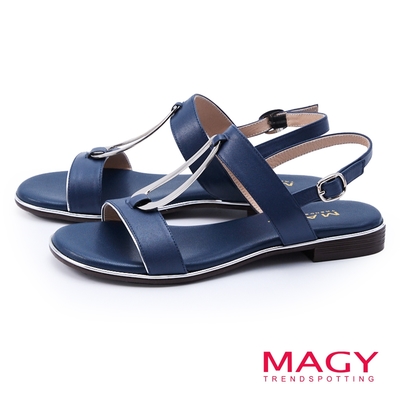 MAGY 金屬造型飾釦牛皮平底涼鞋 藍色