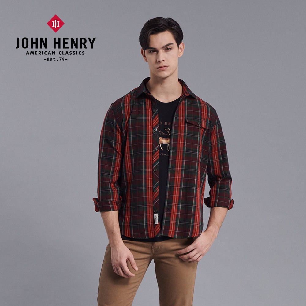 JOHN HENRY 經典口袋格紋長袖襯衫-紅色
