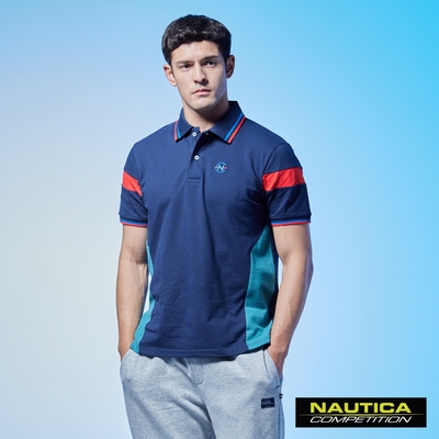 Nautica 男裝 COMPETITION撞色拼接LOGO短袖POLO衫-深藍