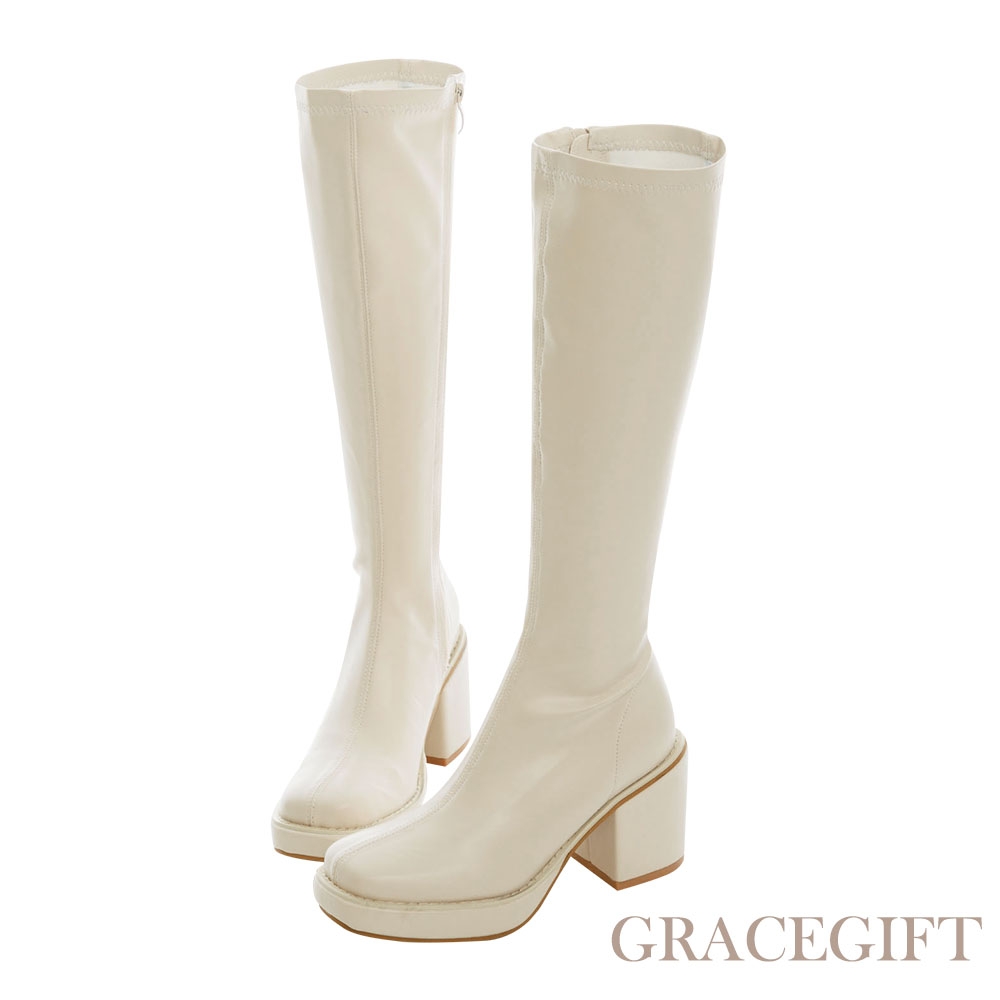 【Grace gift】長腿心機防水台粗跟長靴 米白