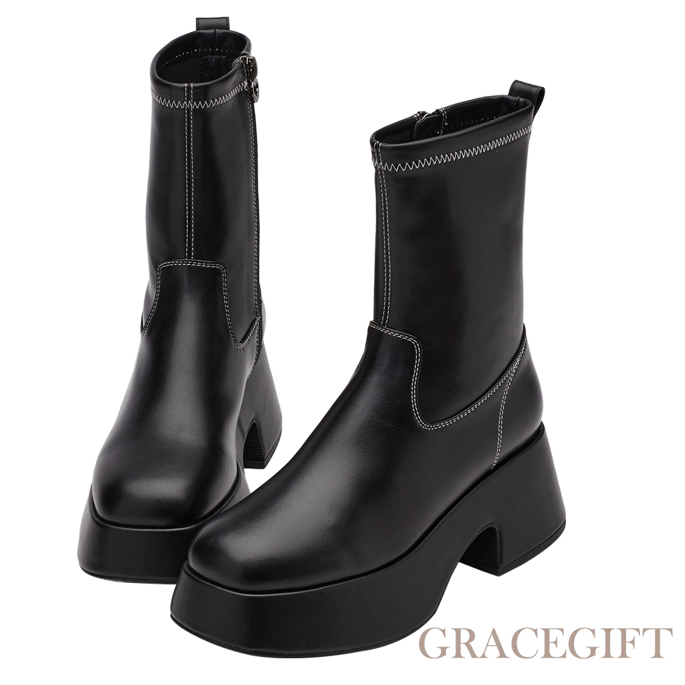 【Grace Gift】紀卜心聯名-全糖歐膩線條感厚底襪靴 黑