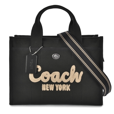 COACH 專櫃款 CARGO 草寫LOGO 經典帆布手提/斜背兩用托特包-黑色