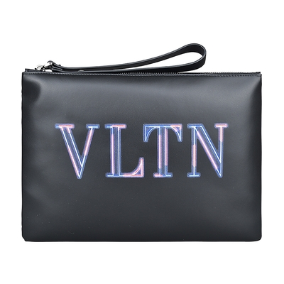 VALENTINO GARAVANI VLTN 霓虹縮寫LOGO小牛皮拉鍊手拿包(黑)