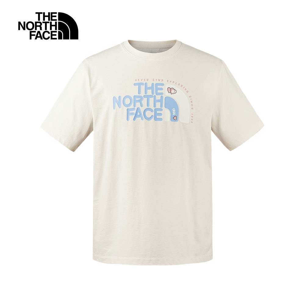 【The North Face 官方旗艦】北面男女款米白色純棉品牌可愛LOGO印花短袖T恤｜8CSZQLI