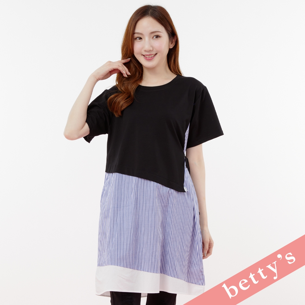 betty’s貝蒂思　直條紋拼接綁帶長版T-shirt(黑色)