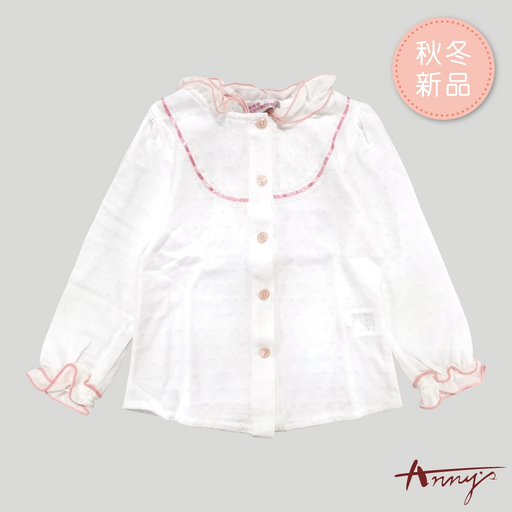 Annys安妮公主-編織蕾絲網紗造型秋冬款花瓣邊長袖襯衫*0270白色