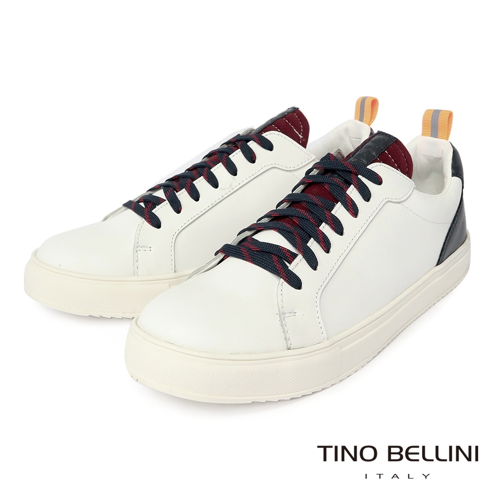 TINO BELLINI 男款 都會型男牛皮革拼接綁帶休閒鞋-白