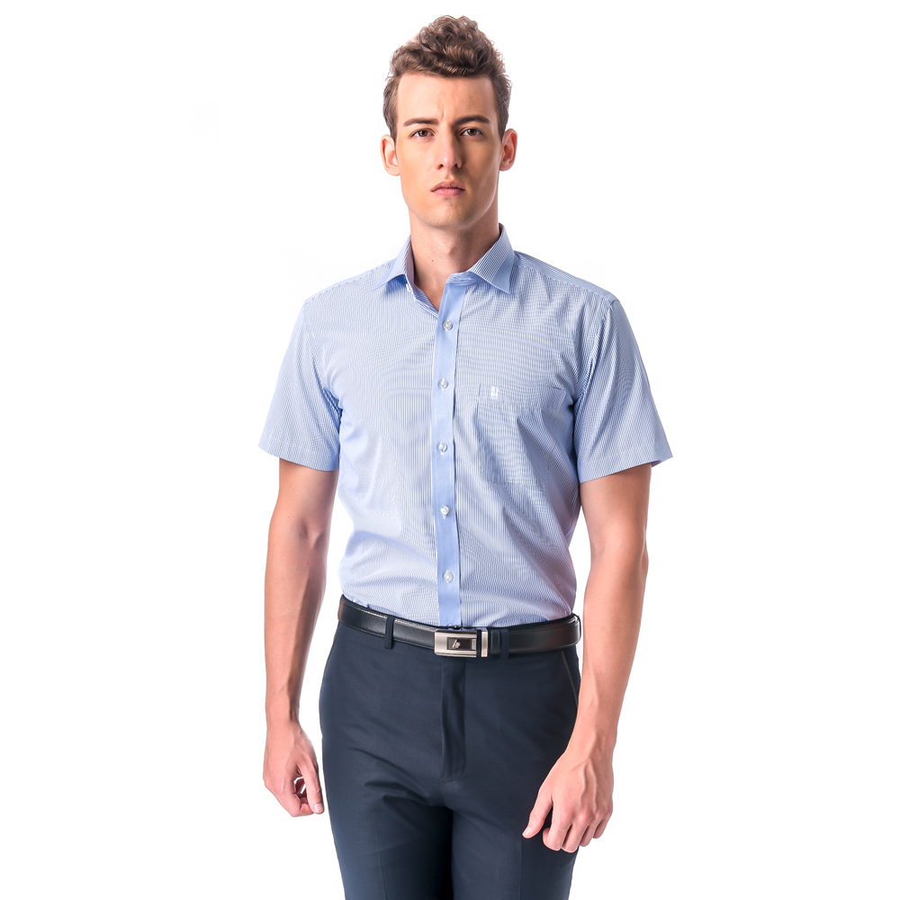 金安德森 藍色變化領窄版短袖襯衫
