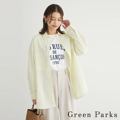 Green Parks 休閒直條紋落肩單口袋長版襯衫