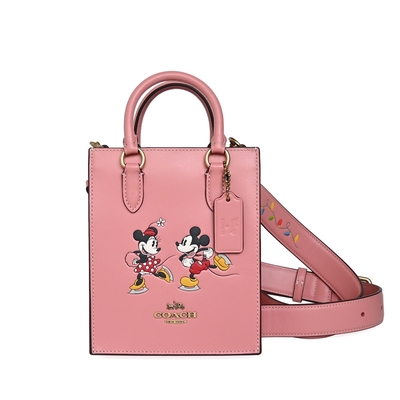 COACH DISNEY粉紅MICKEY滑冰全皮手提/斜背迷你琴譜包