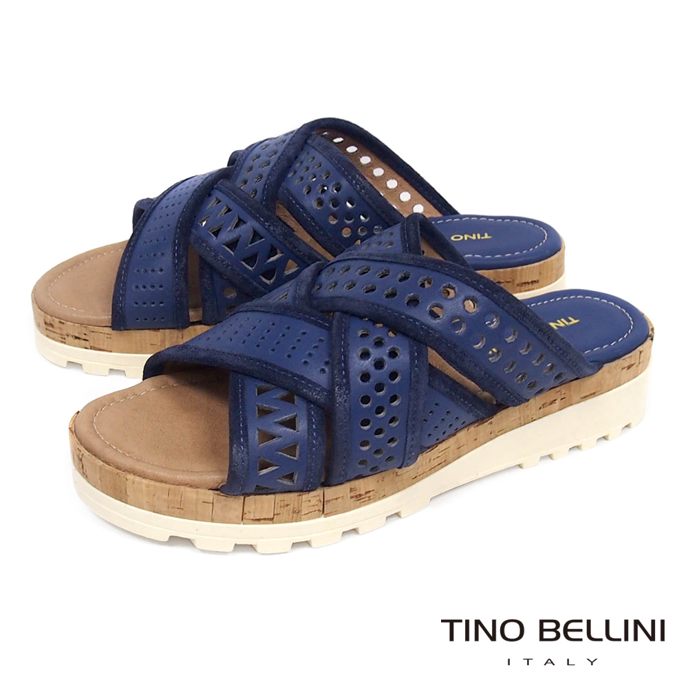 Tino Bellini 義大利進口造型鞋帶交錯厚底涼拖鞋_ 藍