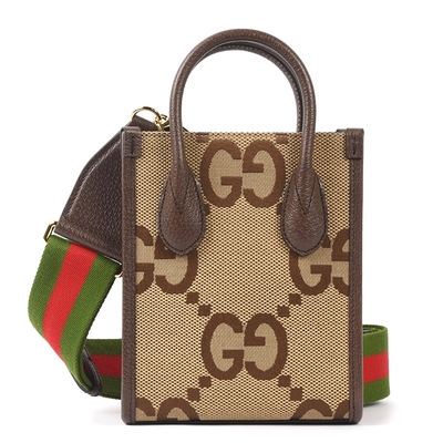 GUCCI Jumbo新款雙G大LOGO緹花紋兩用迷你托特包-駝色