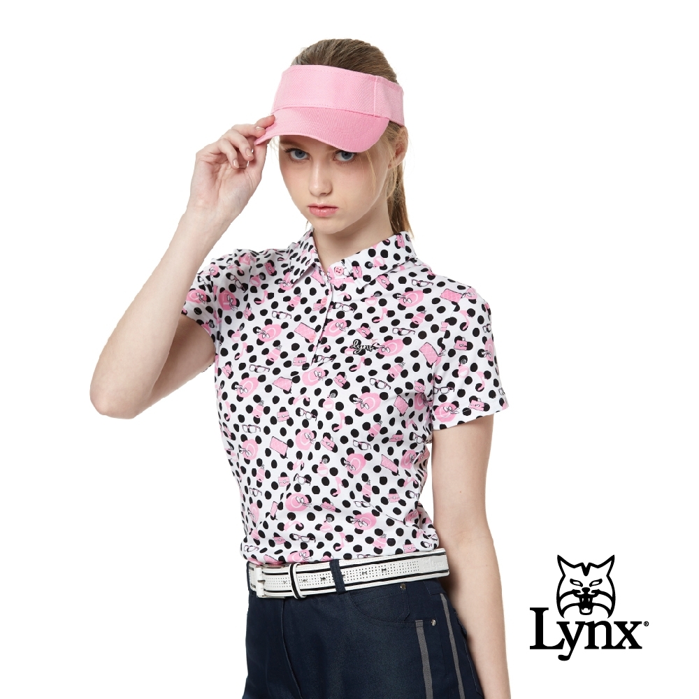 【Lynx Golf】女款吸濕排汗抗UV純棉雙絲光水玉印花短袖POLO衫-白色