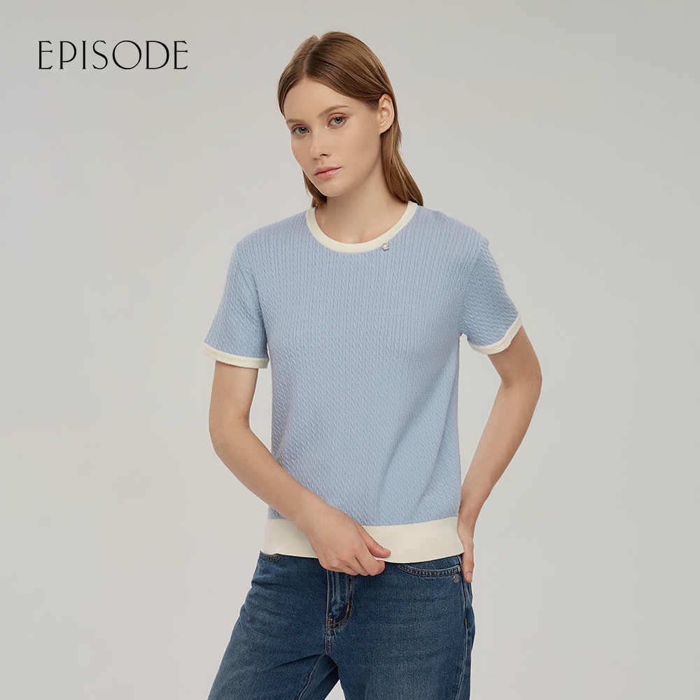 EPISODE - 百搭保暖舒適麻花羊毛短袖針織衫（藍）