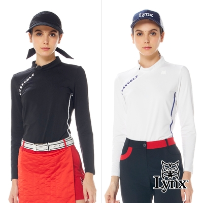 【Lynx Golf】首爾高桿風格！女款吸排抗UV內刷毛配色壓條斜開門襟印花設計長袖立領POLO衫/高爾夫球衫(二色)