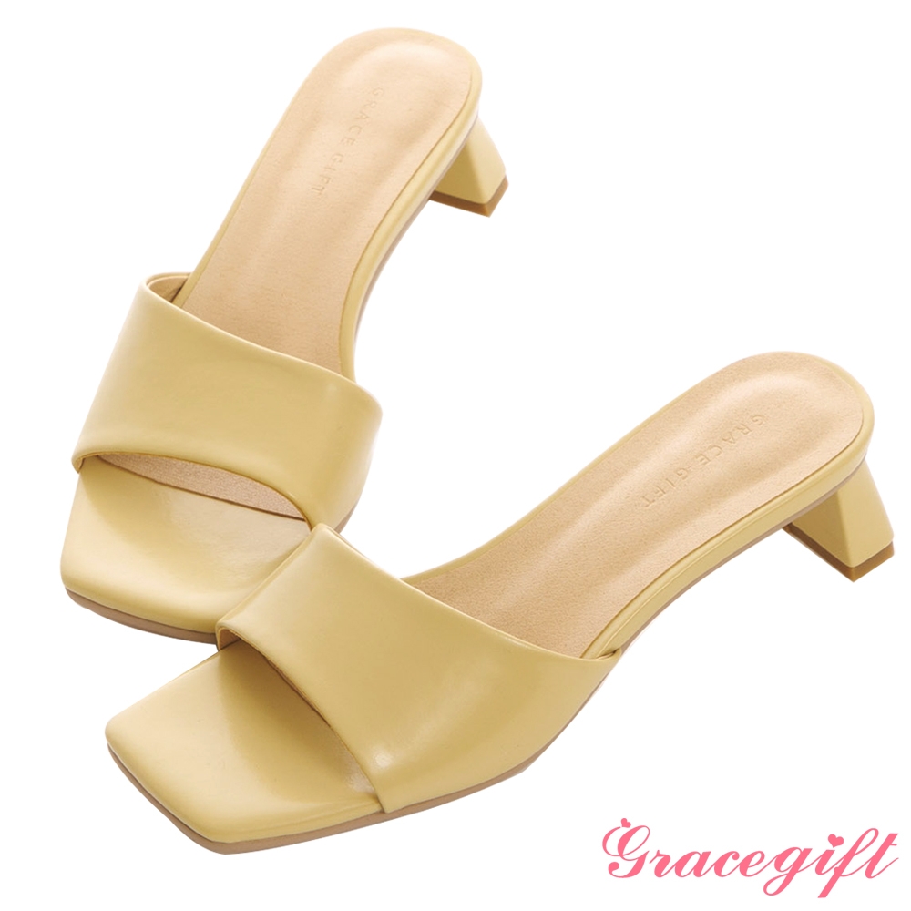 【Grace Gift】素面素面中跟一字拖鞋 芥末黃 product image 1