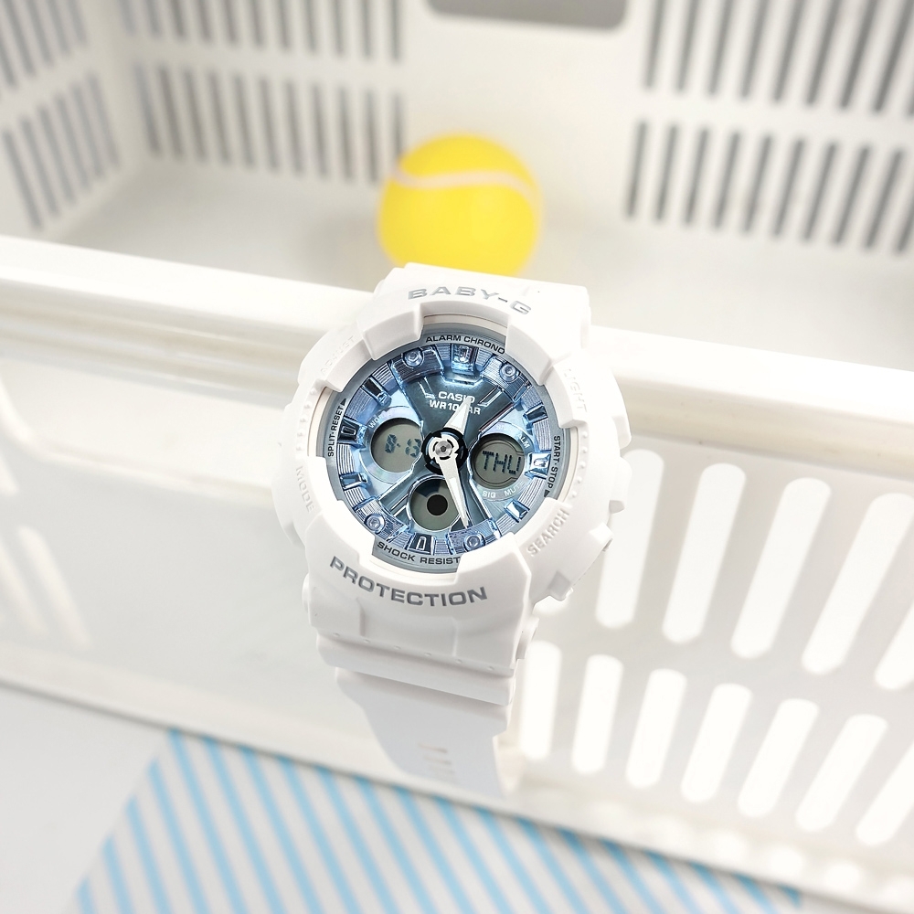 Baby-G CASIO 卡西歐雙顯帥氣甜美計時防水100米運動手錶-藍白色/43mm
