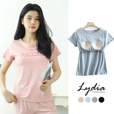 【Lydia】一體式罩杯寬鬆字母印花短袖上衣(粉/藍/灰/黑 M.L.XL.2L)