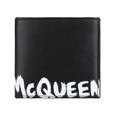 ALEXANDER McQUEEN GRAFFITI白塗鴉字母LOGO滑面小牛皮8卡對折短夾(黑)