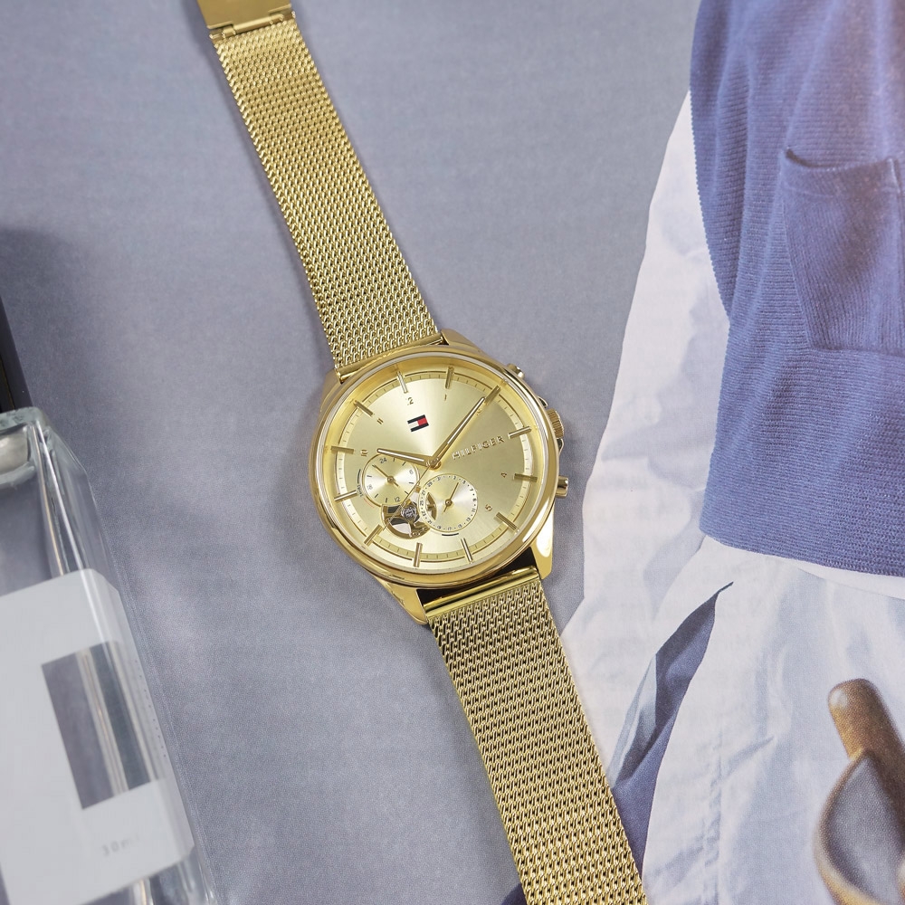 TOMMY HILFIGER / 極簡時尚 優雅迷人 日期 米蘭編織不鏽鋼手錶-鍍金/38mm