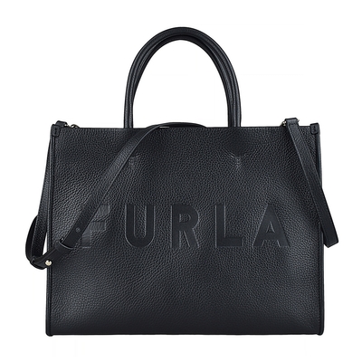 FURLA WONDERFURLA 大壓印字母LOGO荔枝紋牛皮釦式手提斜背托特(黑)