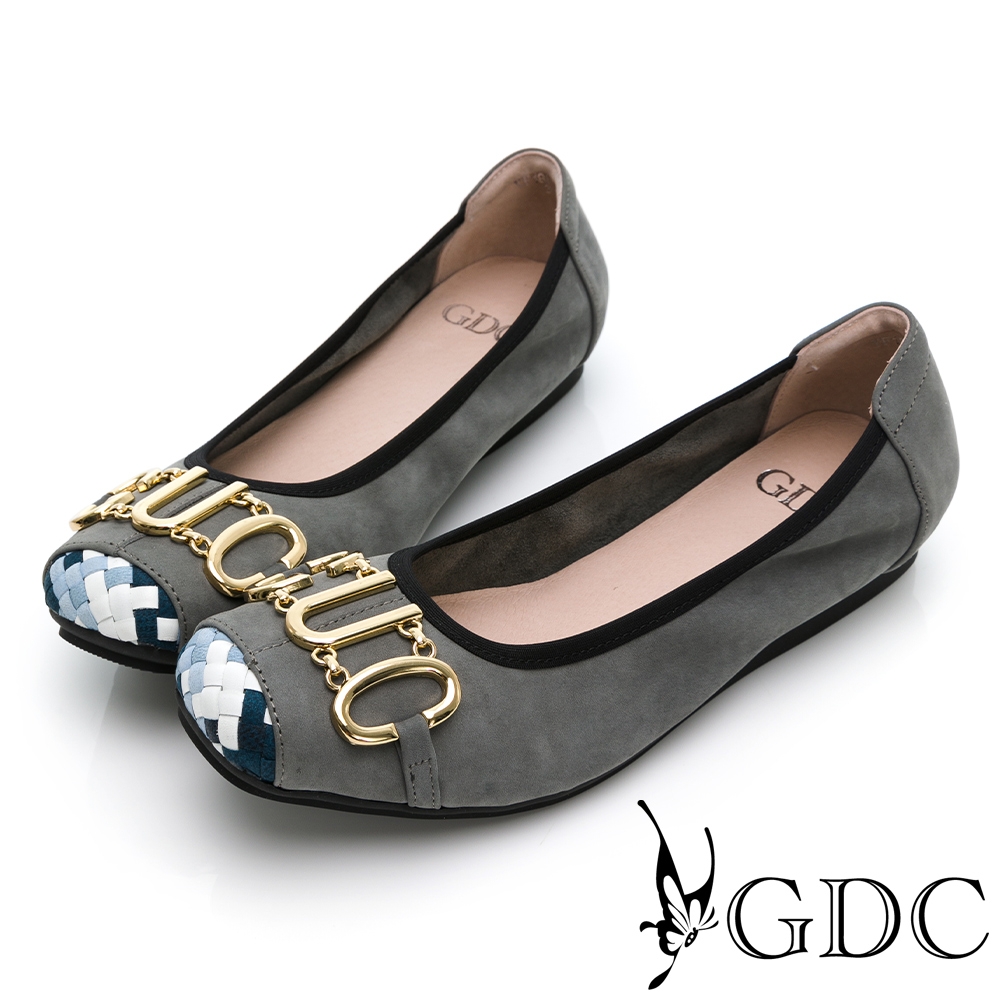 GDC-時尚色彩編織拼接金屬釦歐美風撞色真皮平底舒適包鞋-灰色