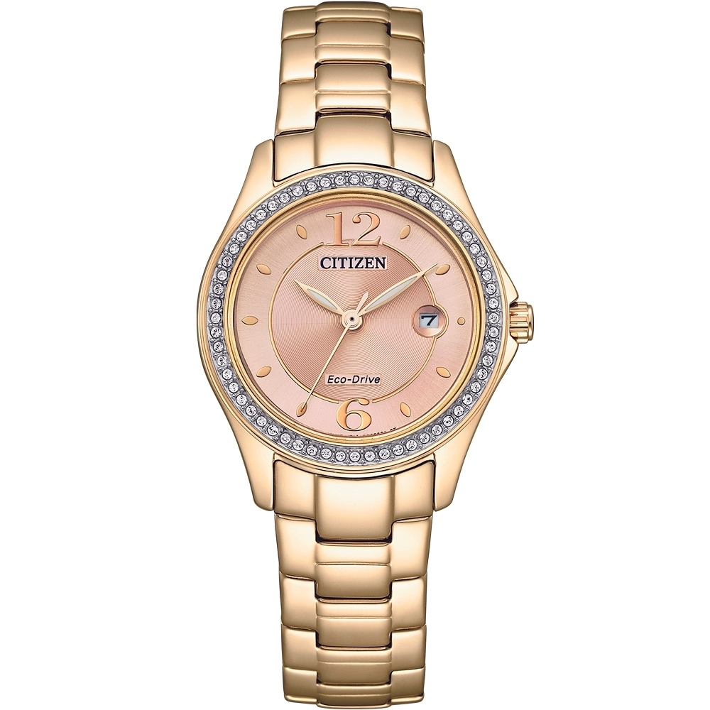 CITIZEN 星辰 LADY'S 光動能-粉金面金色鋼殼帶60顆水晶框-女錶(FE1253-80X)29.5mm