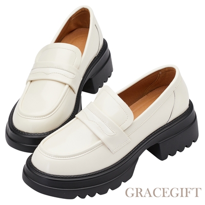 【Grace Gift】英倫便仕輕量軟墊厚底樂福鞋 米白