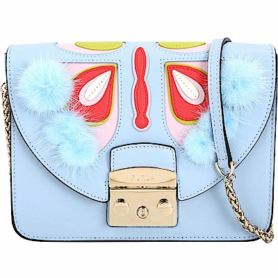 FURLA Metropolis Papillon 蝴蝶造型貂毛拼接鍊帶包(水藍色)