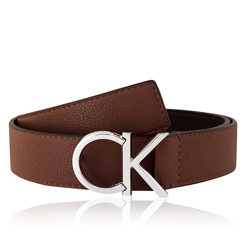 Calvin Klein 焦糖色皮革LOGO銀釦紳士皮帶(S-XL號/30-44吋)