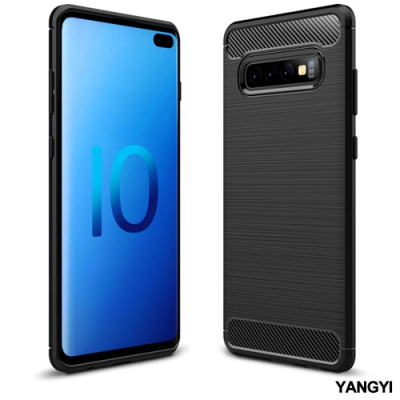 揚邑 Samsung S10 Plus S10+ 拉絲紋碳纖維軟殼散熱防震抗摔手機殼-黑